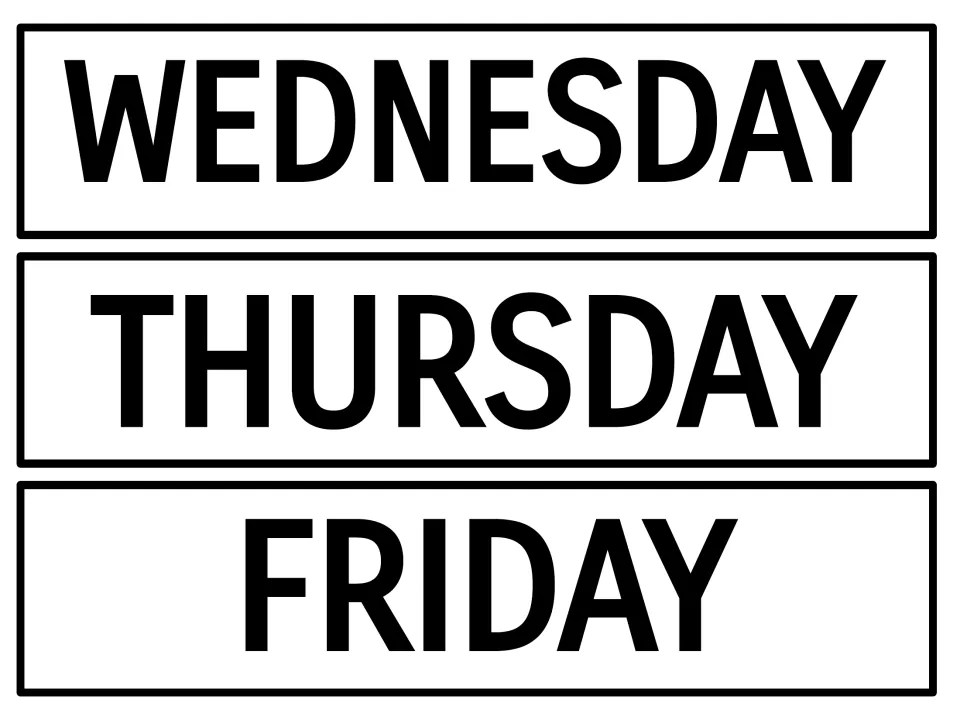 Calendar day labels for Wednesday, Thursday, and Friday, continuing the seven-day bulletin board set