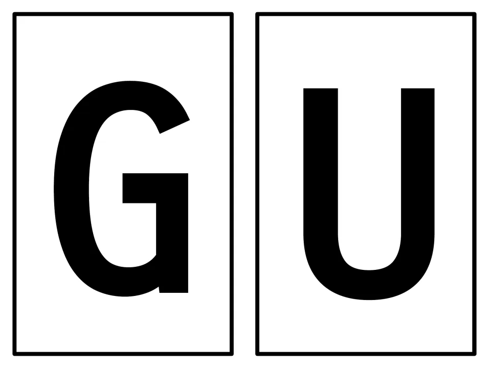 Calendar month-name letters G and U, the middle two letters of August, printed separately for the display