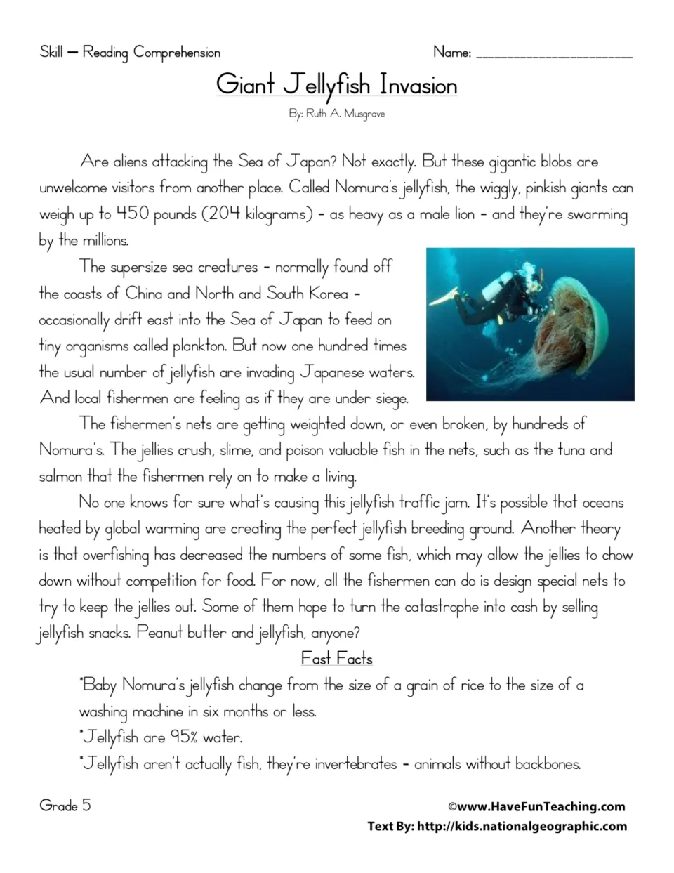 Nomura's jellyfish article with a diver photo and Fast Facts: students read about the swarm in the Sea of Japan