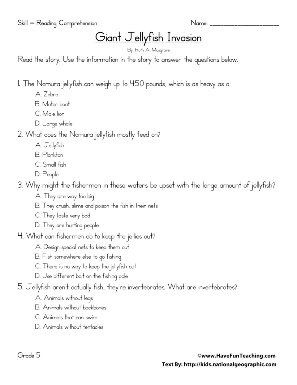Five multiple-choice questions on the jellyfish article: students choose answers about size, diet, nets and invertebrates
