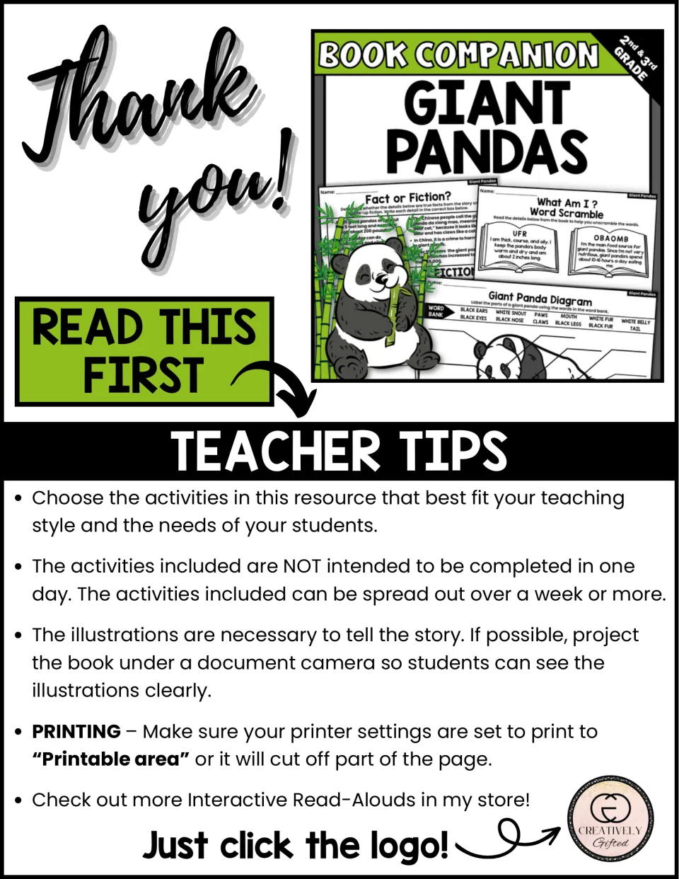 Teacher tips for the panda book companion explain activity selection, pacing, illustrations, and printing.