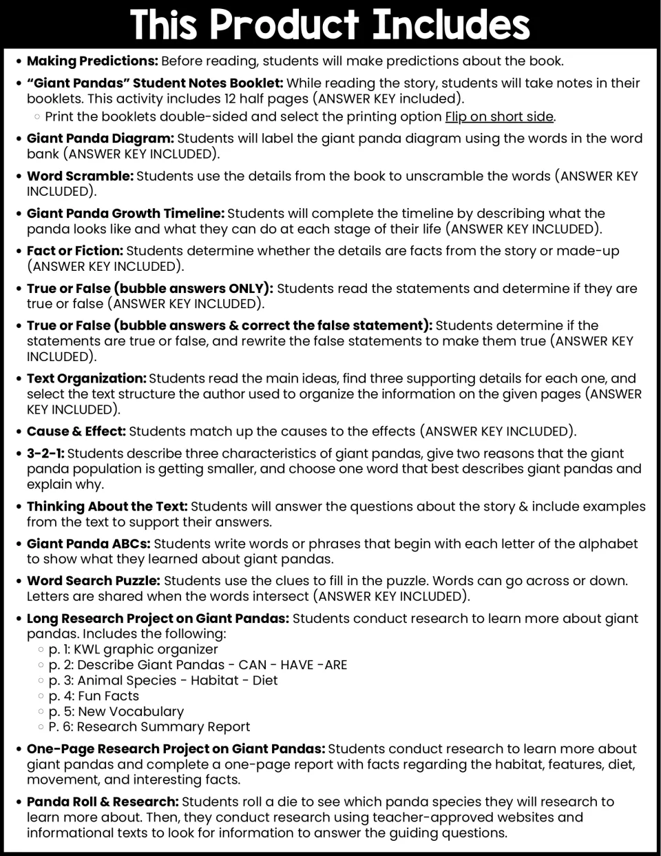 Activity overview lists prediction practice, a 12-half-page notes booklet, panda labeling, and research.