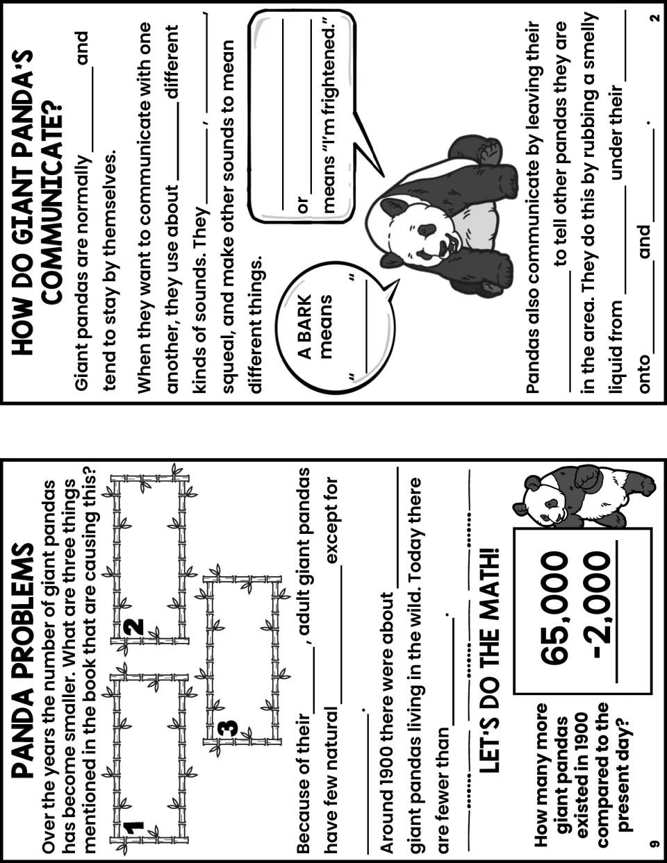 Notes booklet pages 2 and 9 cover panda communication, population threats, and subtraction of 2,000 from 65,000.