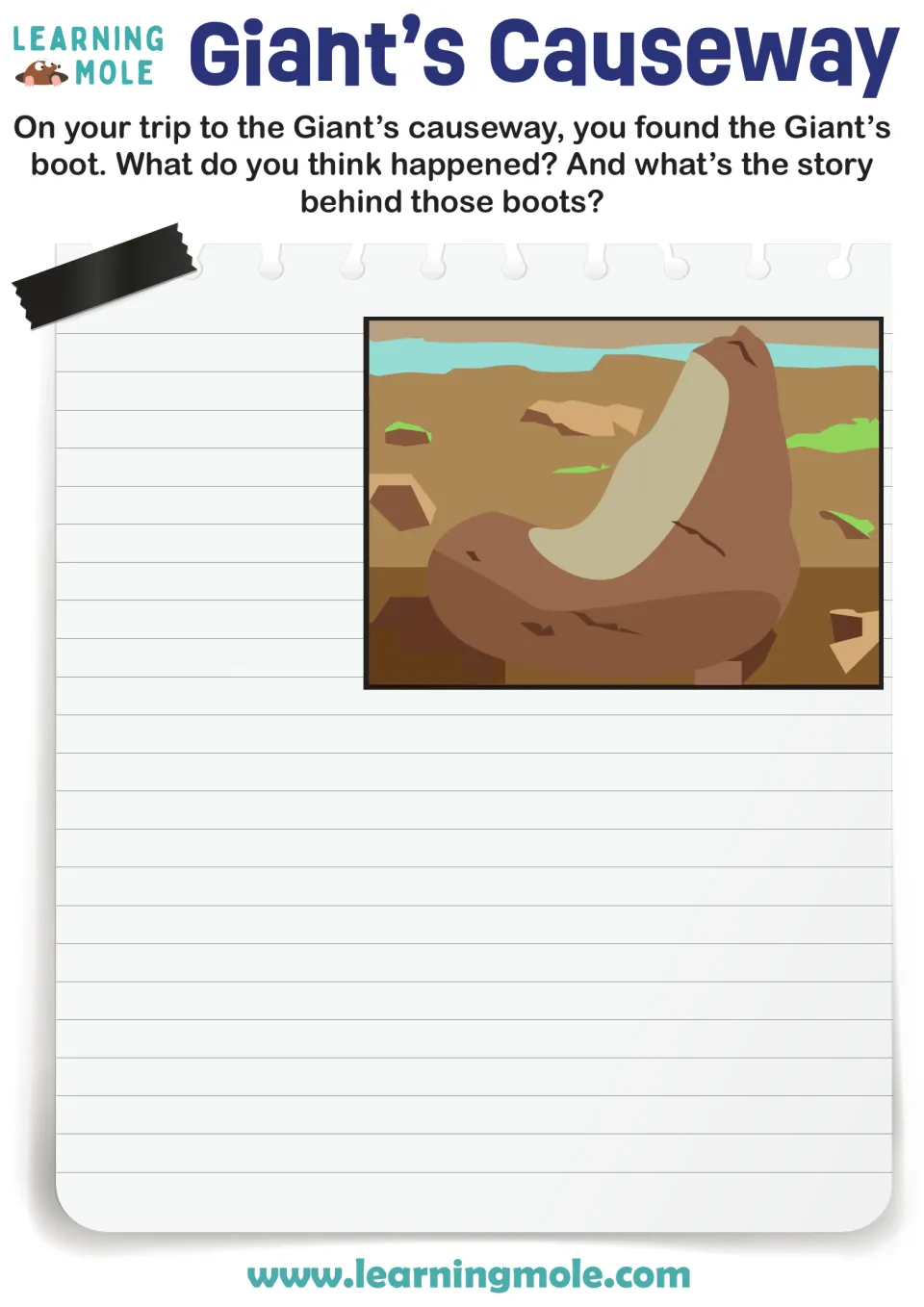 Giant's Causeway story prompt: students imagine finding the Giant's boot and write what happened and the story behind it