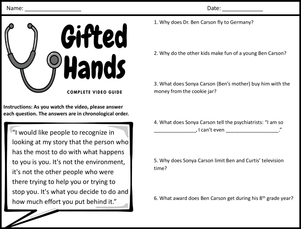 Gifted Hands video guide: students answer questions 1-6 in order while watching, from the Germany trip to TV time limits