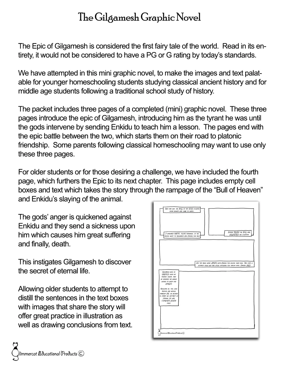 Teacher notes on the Epic of Gilgamesh comic: three finished story pages plus a fourth page students illustrate from text
