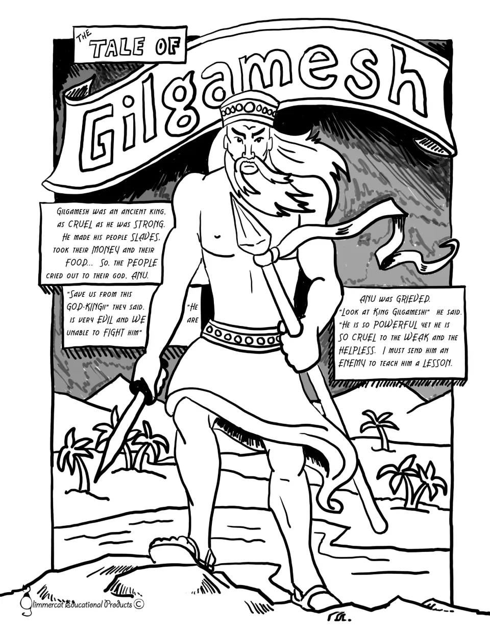 Tale of Gilgamesh opening in black and white: narration tells how the cruel king enslaved his people and they cried to Anu