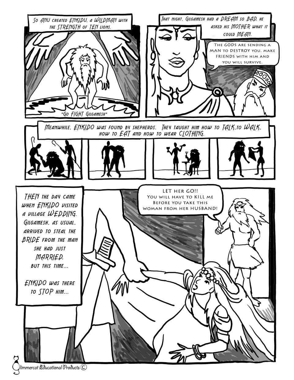 Enkidu arrives: Anu creates him, Gilgamesh's mother reads his dream, shepherds teach Enkidu, and he stops a bride theft