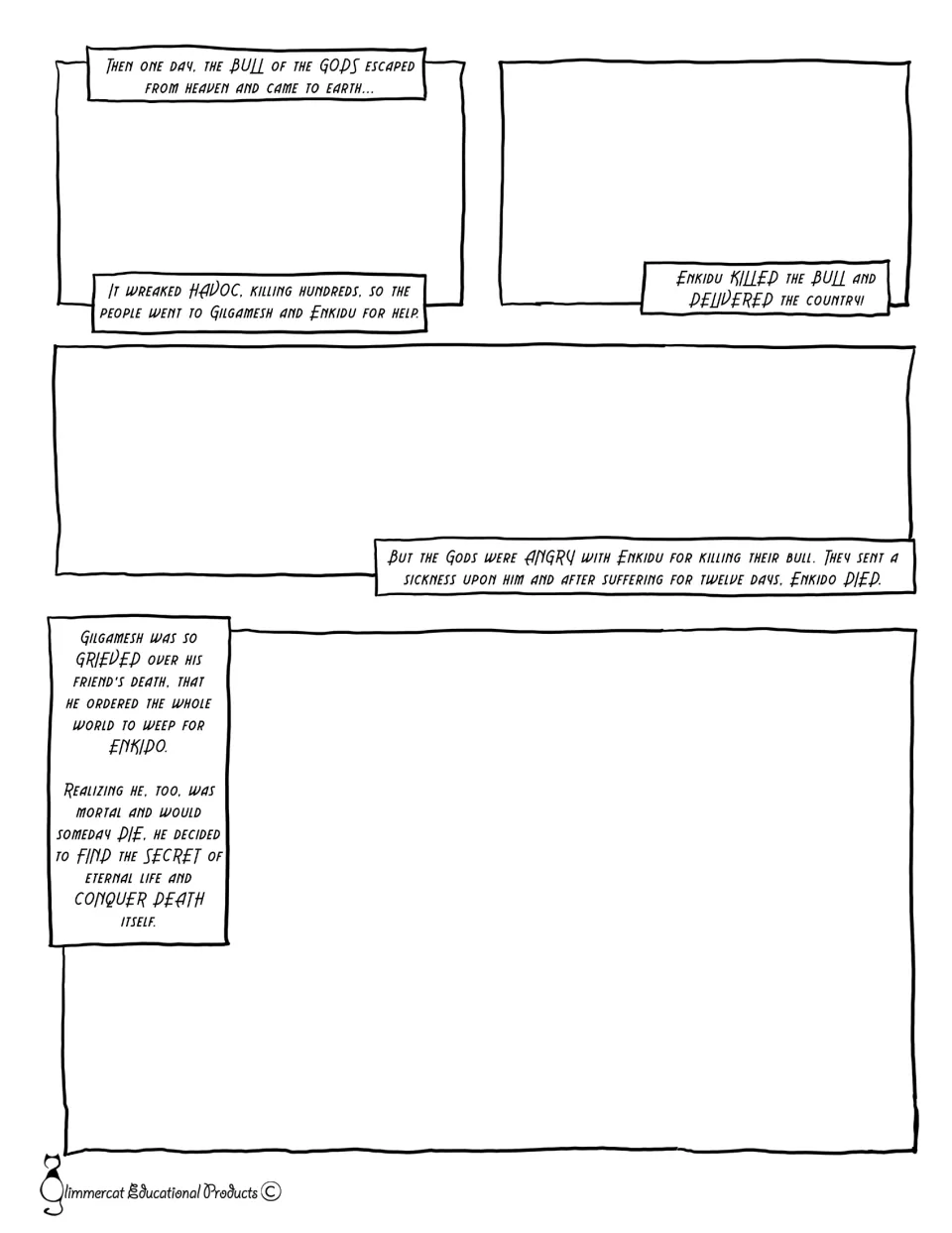 Bull of Heaven to Enkidu's death: students draw scenes in empty comic panels to illustrate the given story text