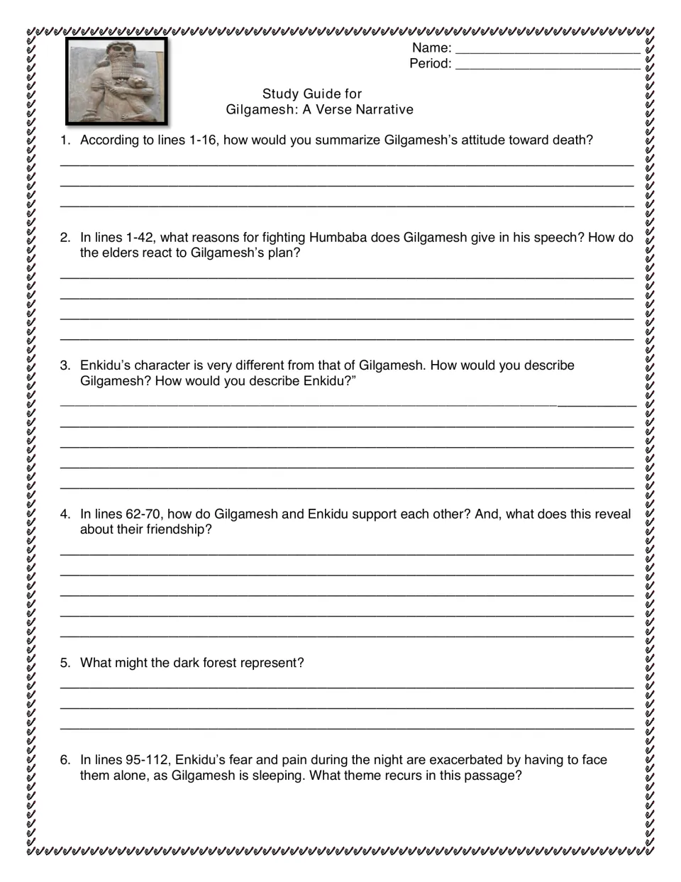 Gilgamesh study guide: students answer questions 1-6 on death, fighting Humbaba, Enkidu's character and the dark forest