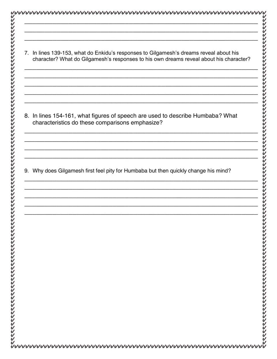 Study guide questions 7-9: students analyze dream responses, similes describing Humbaba and why Gilgamesh's pity turns