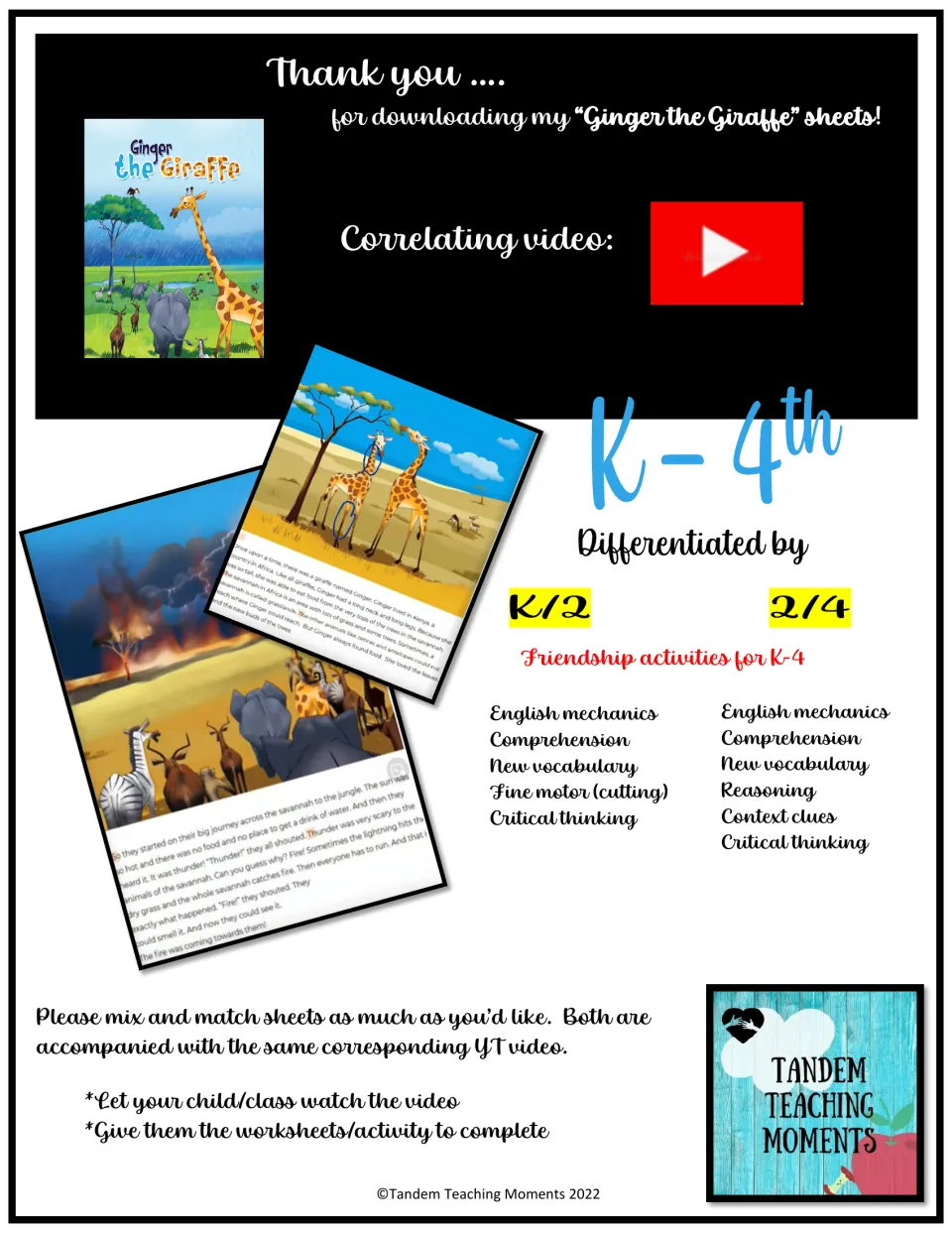 Packet introduction: K–2 and 2–4 worksheet sets, a corresponding video, and friendship activities for K–4