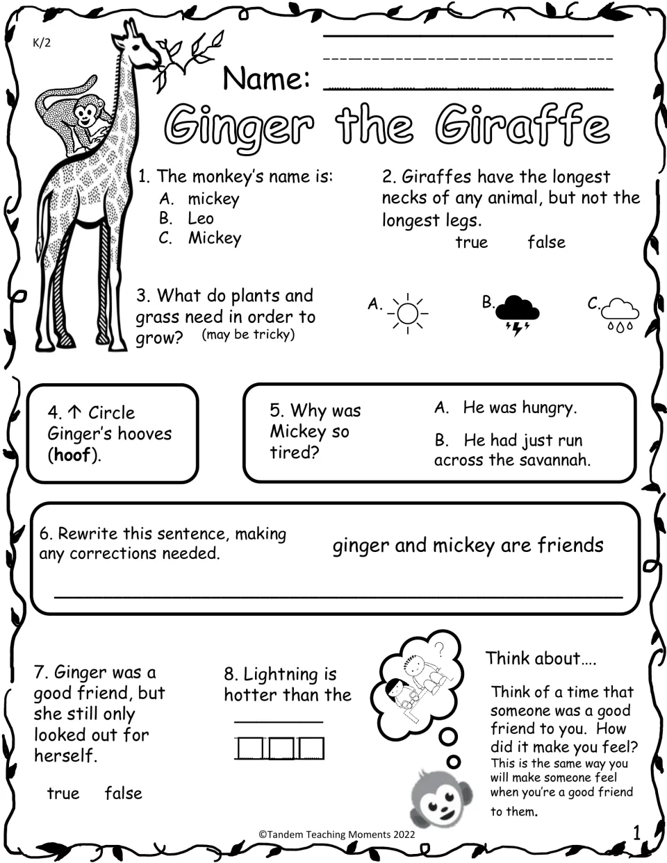 K–2 comprehension practice asks about Mickey, giraffe facts, plant needs, friendship, and sentence corrections