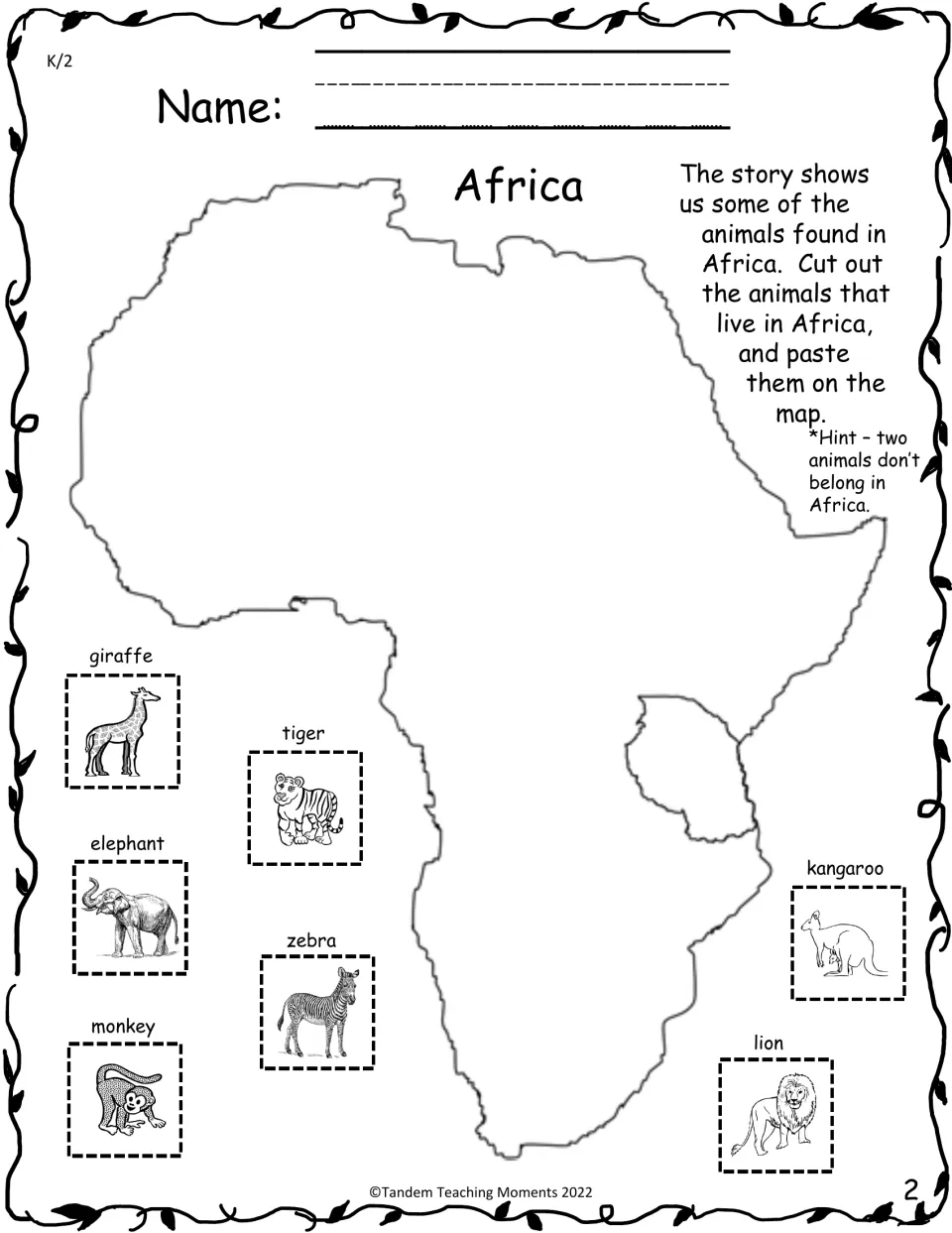 K–2 cut-and-paste activity asks students to place African animals on a map, excluding the tiger and kangaroo