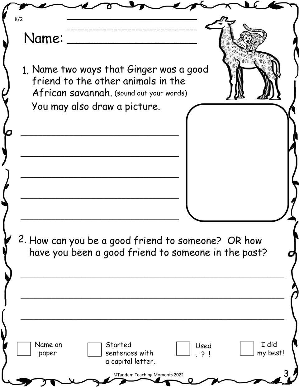 K–2 friendship writing asks for two ways Ginger helped other animals and how students can be good friends
