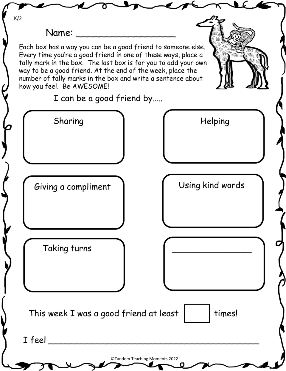 K–2 weekly friendship tracker tallies sharing, helping, compliments, kind words, taking turns, and one added action