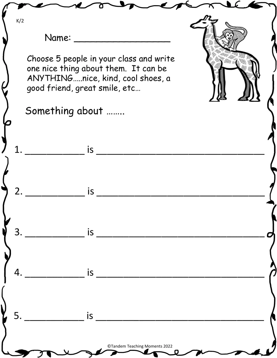 K–2 compliment writing activity asks students to choose five classmates and write one nice thing about each