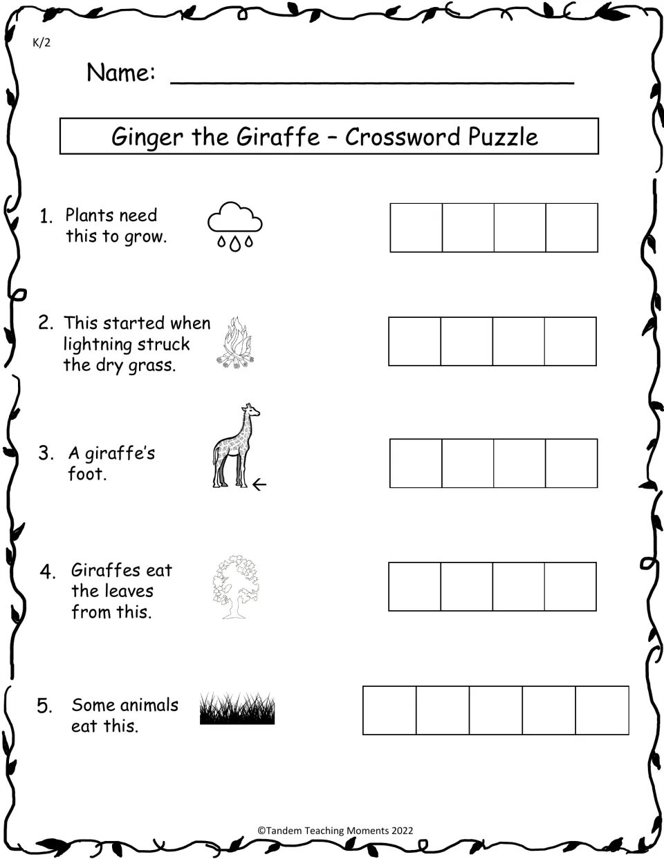 K–2 vocabulary puzzle uses picture clues for rain, fire, hoof, tree, and grass with spaces to spell each word