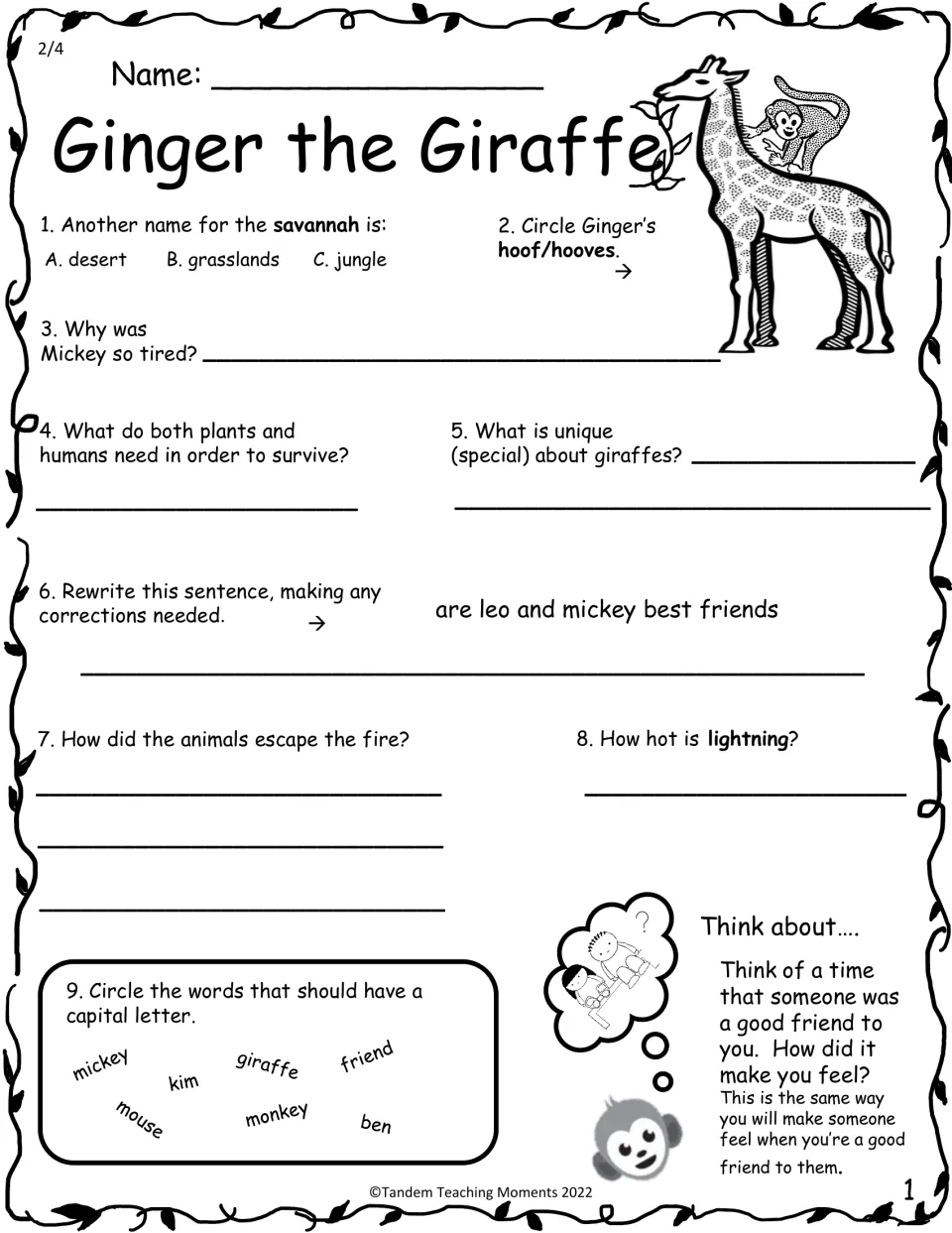 Grades 2–4 comprehension practice covers the savannah, Mickey, escaping the fire, and capitalization corrections