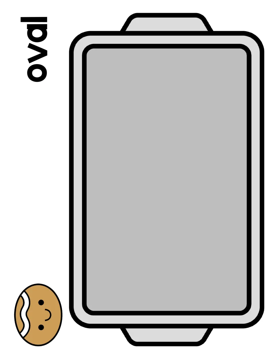 Oval sorting mat: an oval gingerbread cookie model beside a baking tray labeled oval, where students sort oval cookies
