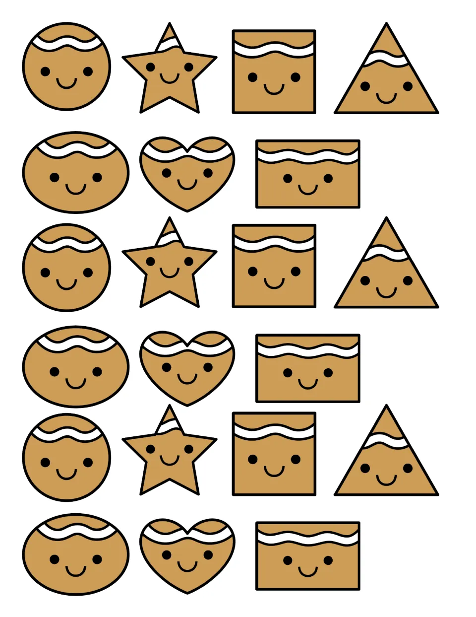 Gingerbread shape cut-outs: three each of circle, star, square, triangle, oval, heart and rectangle cookies to sort