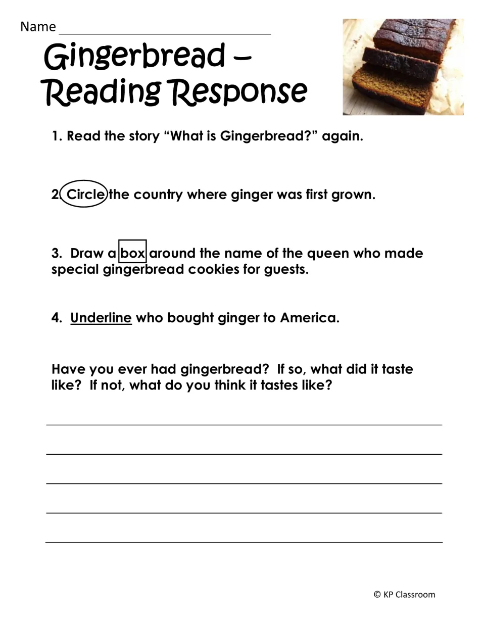 Gingerbread reading response: students circle where ginger first grew, box the queen's name, underline who brought it