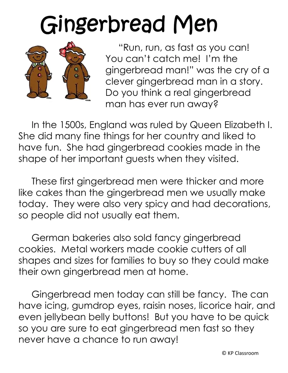 Gingerbread Men reading passage on Queen Elizabeth I's guest-shaped cookies, German cookie cutters and candy decorations