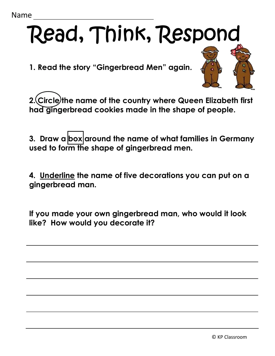 Read, Think, Respond on Gingerbread Men: circle the country, box what German families used, underline 5 decorations
