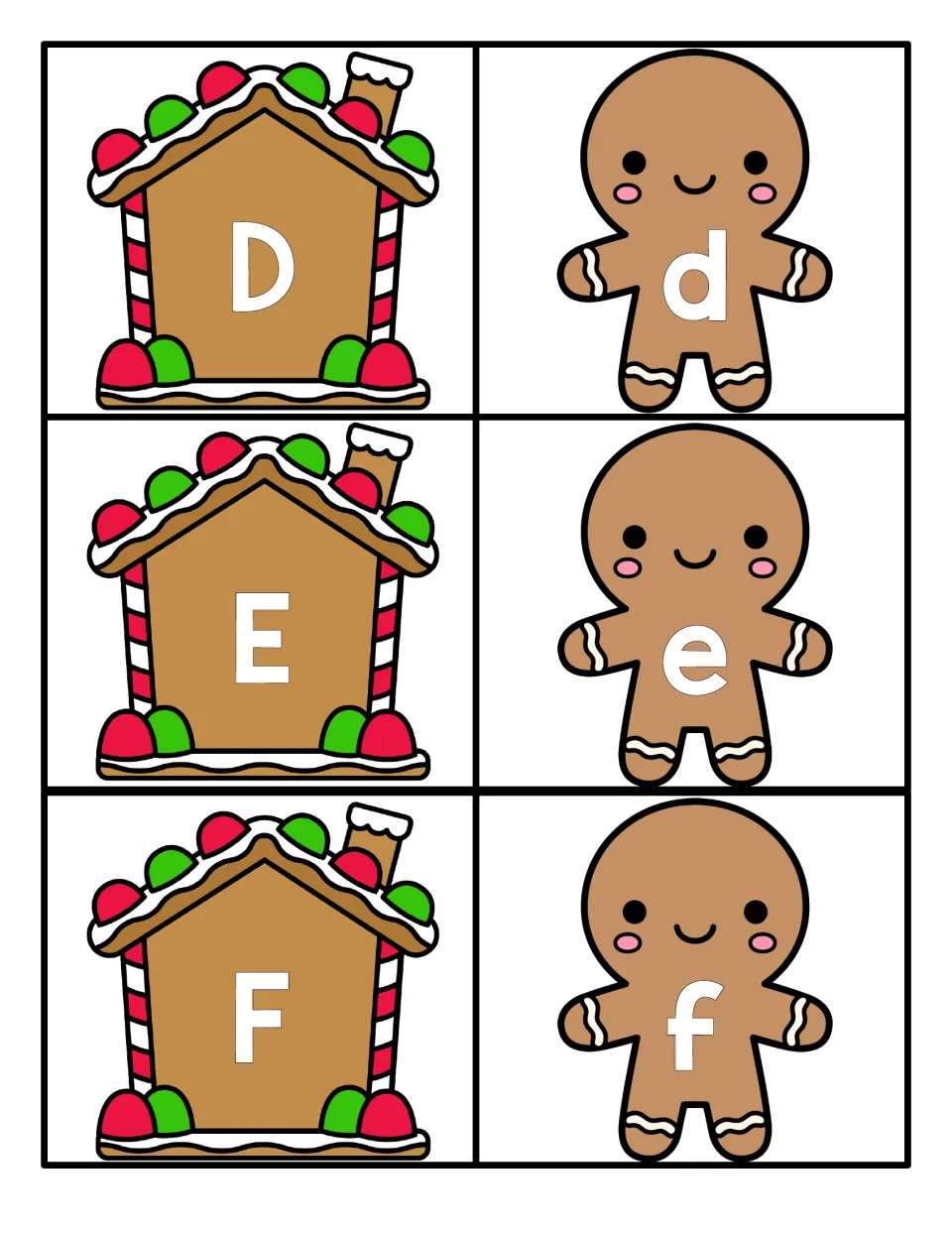 Letters D to F: students match uppercase D, E, F on gingerbread houses to lowercase d, e, f on gingerbread men