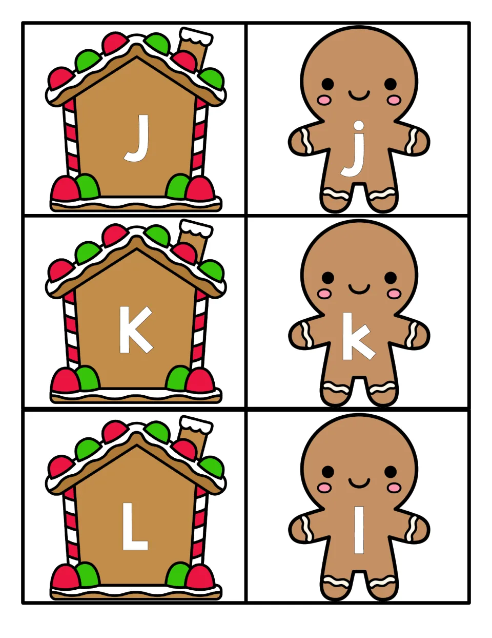 Letters J to L: students match gingerbread houses marked J, K, L with gingerbread men marked j, k, l by letter case