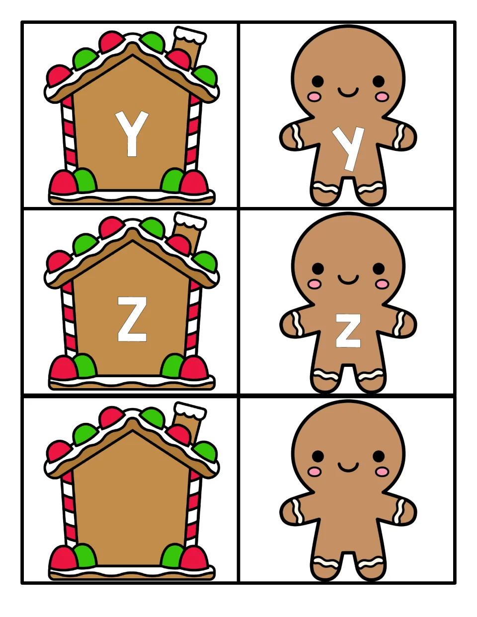 Letters Y and Z: Y, Z gingerbread houses and y, z gingerbread men to match, plus a blank house and blank gingerbread man