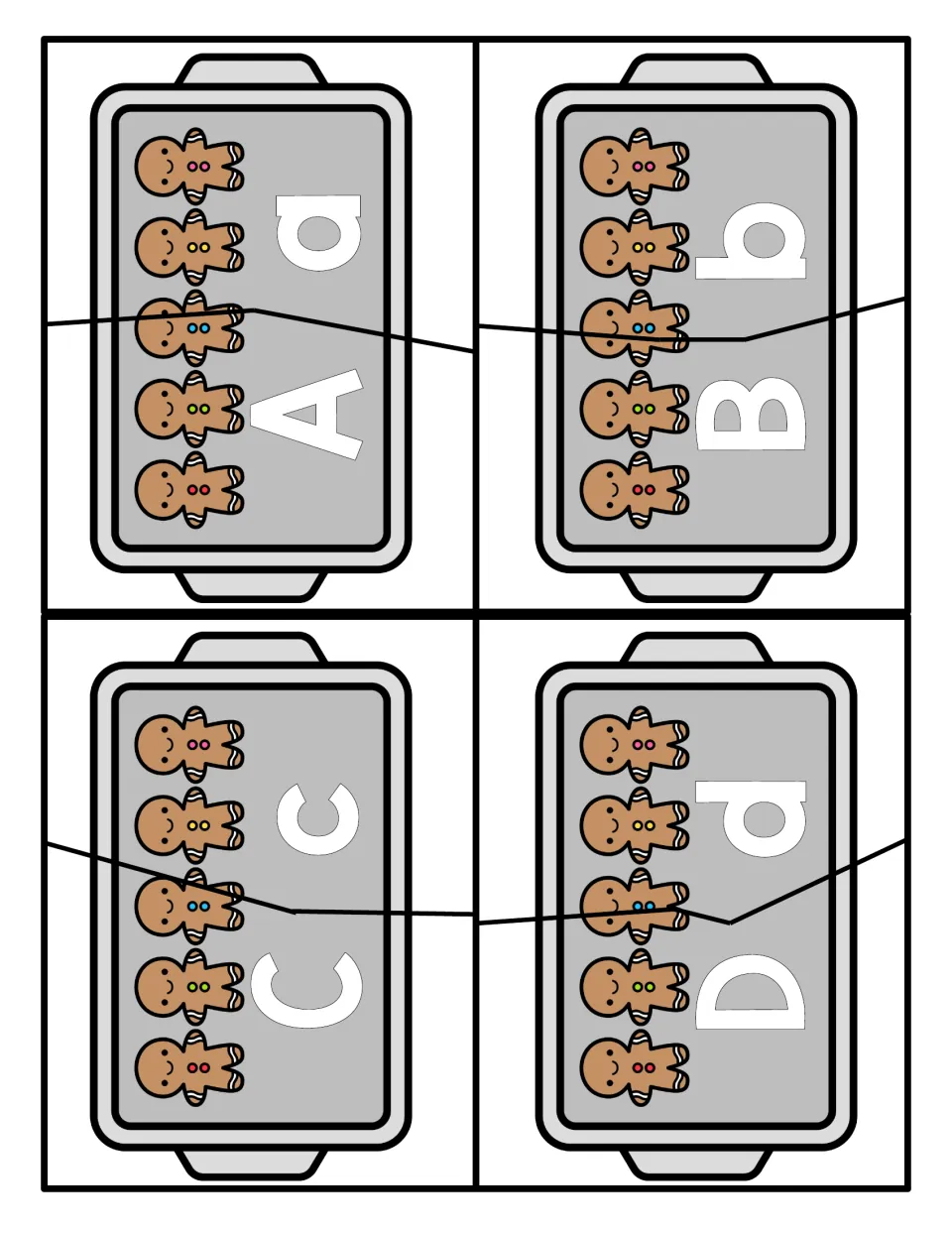 Letter matching for A to D: four gingerbread cookie trays, each cut into an uppercase piece and a lowercase piece to pair