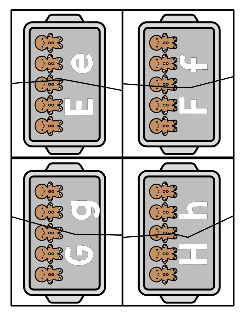 Uppercase and lowercase match for E, F, G and H: students cut each gingerbread tray in two, then join the matching letters