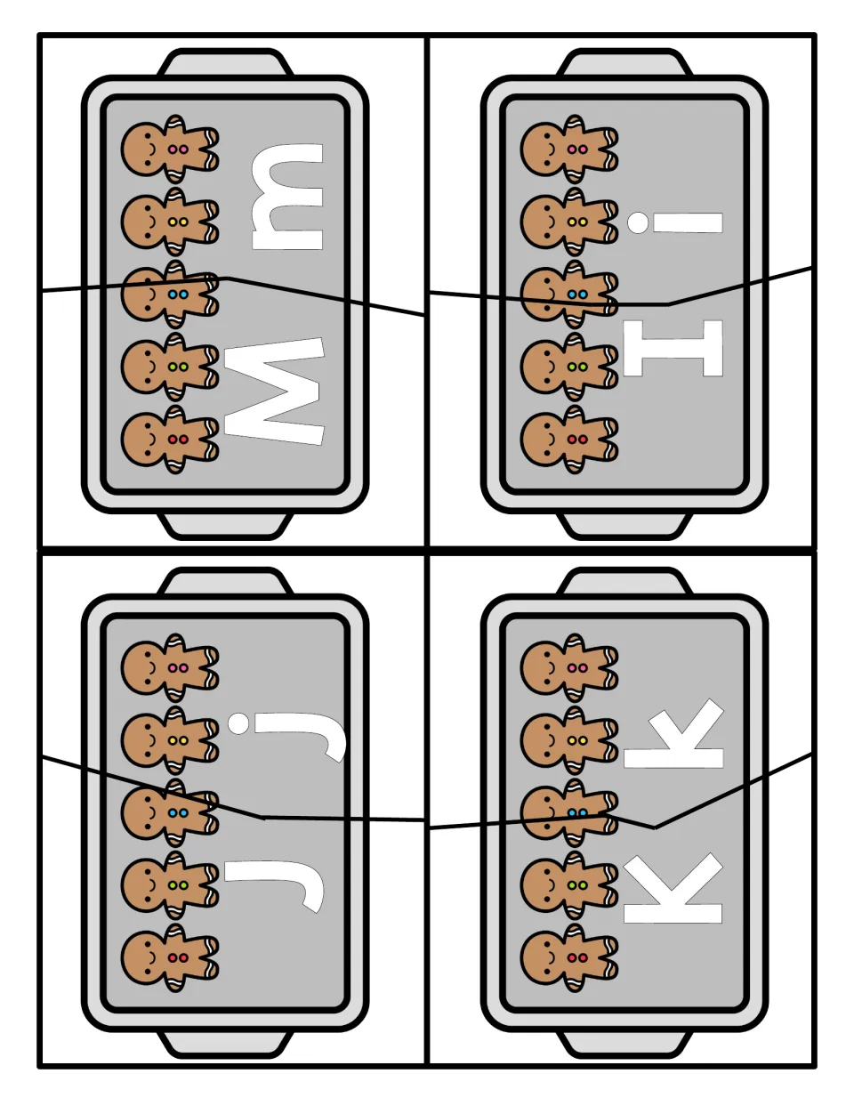 Two-piece letter puzzles for M, I, J and K: each gingerbread tray splits between the capital and its lowercase partner
