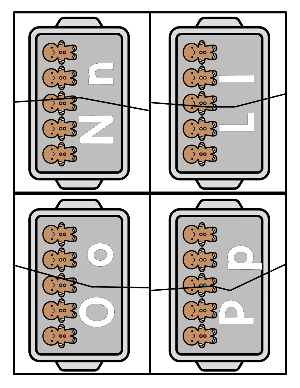 Gingerbread tray puzzles for N, L, O and P: children match each capital letter piece to its lowercase letter piece