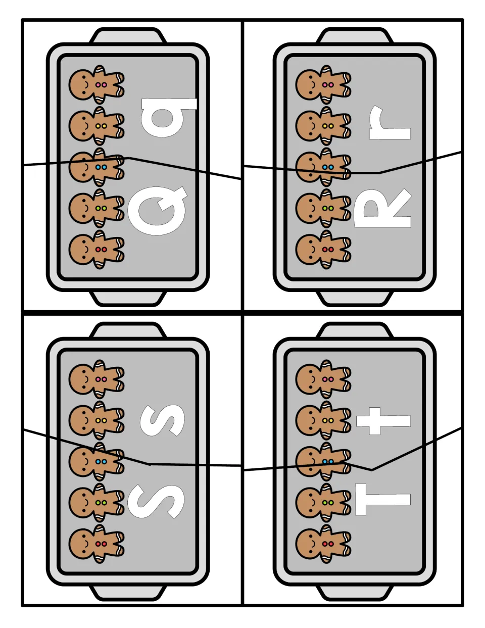 Letter pairs Q, R, S and T on gingerbread cookie trays: cut apart the capital and small letter, then match them back up