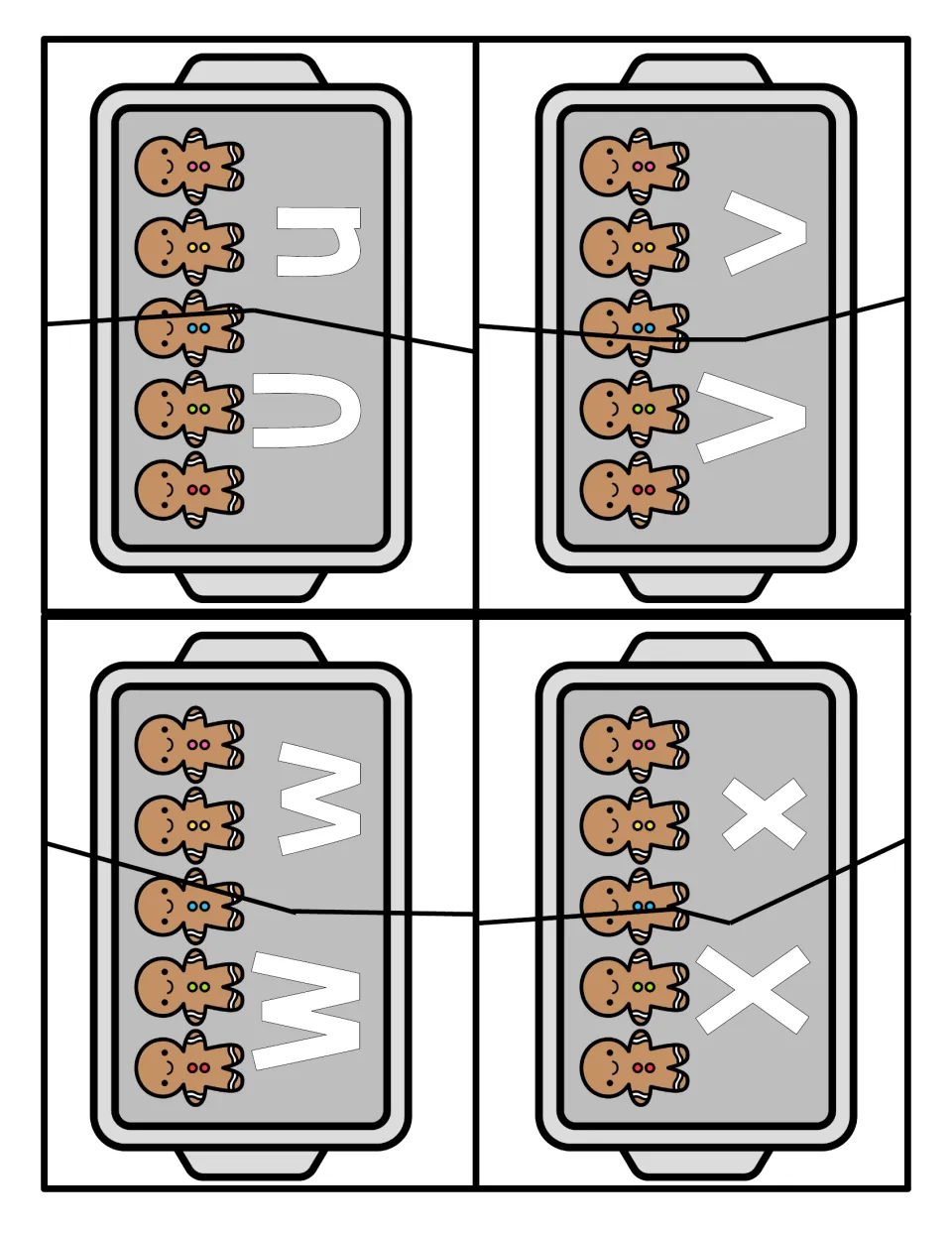 Upper- and lowercase matching for U, V, W and X: each gingerbread tray card cuts into two puzzle pieces to rejoin