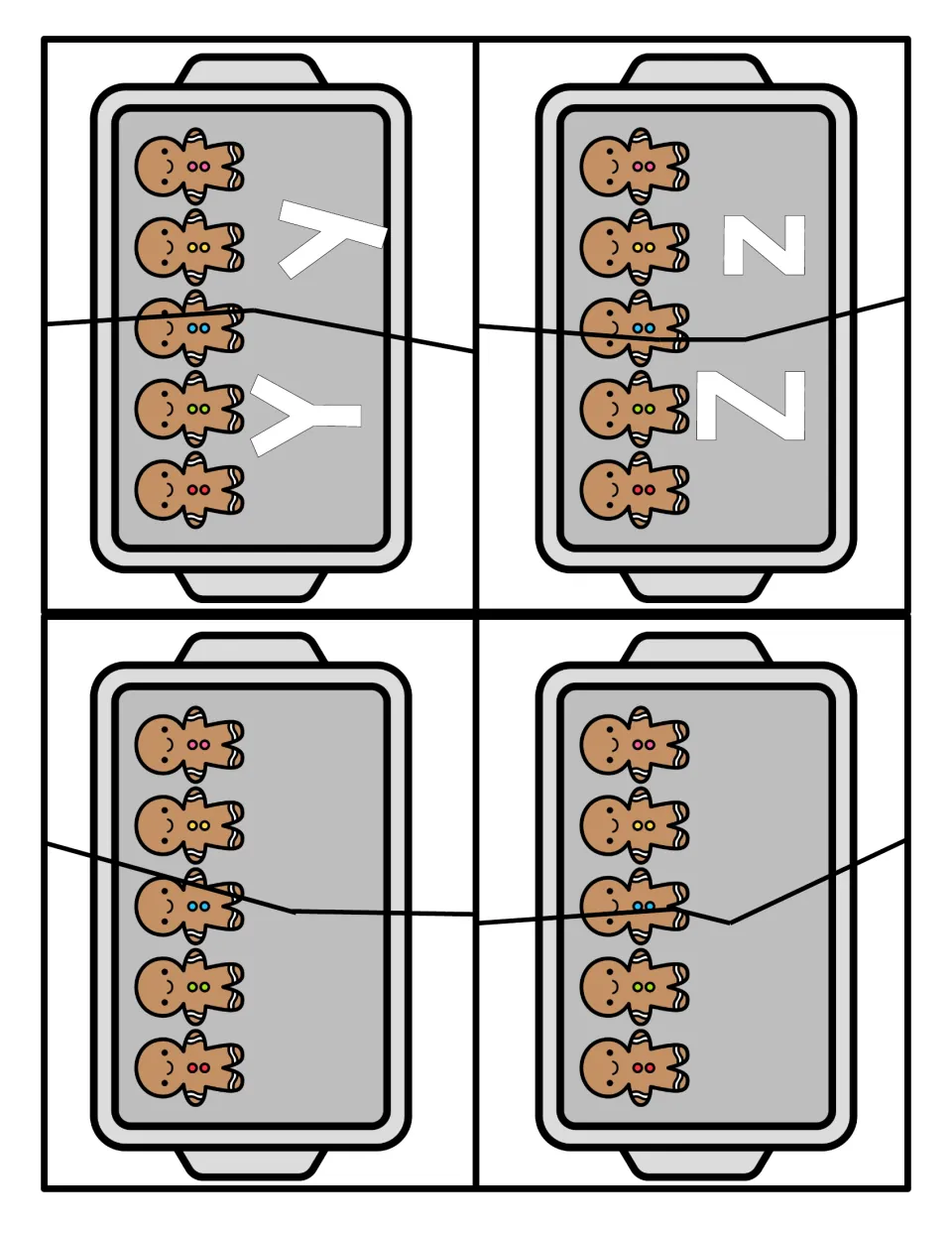 Final letter puzzles Y and Z on gingerbread trays, plus two blank trays cut into pieces with no letters printed on them