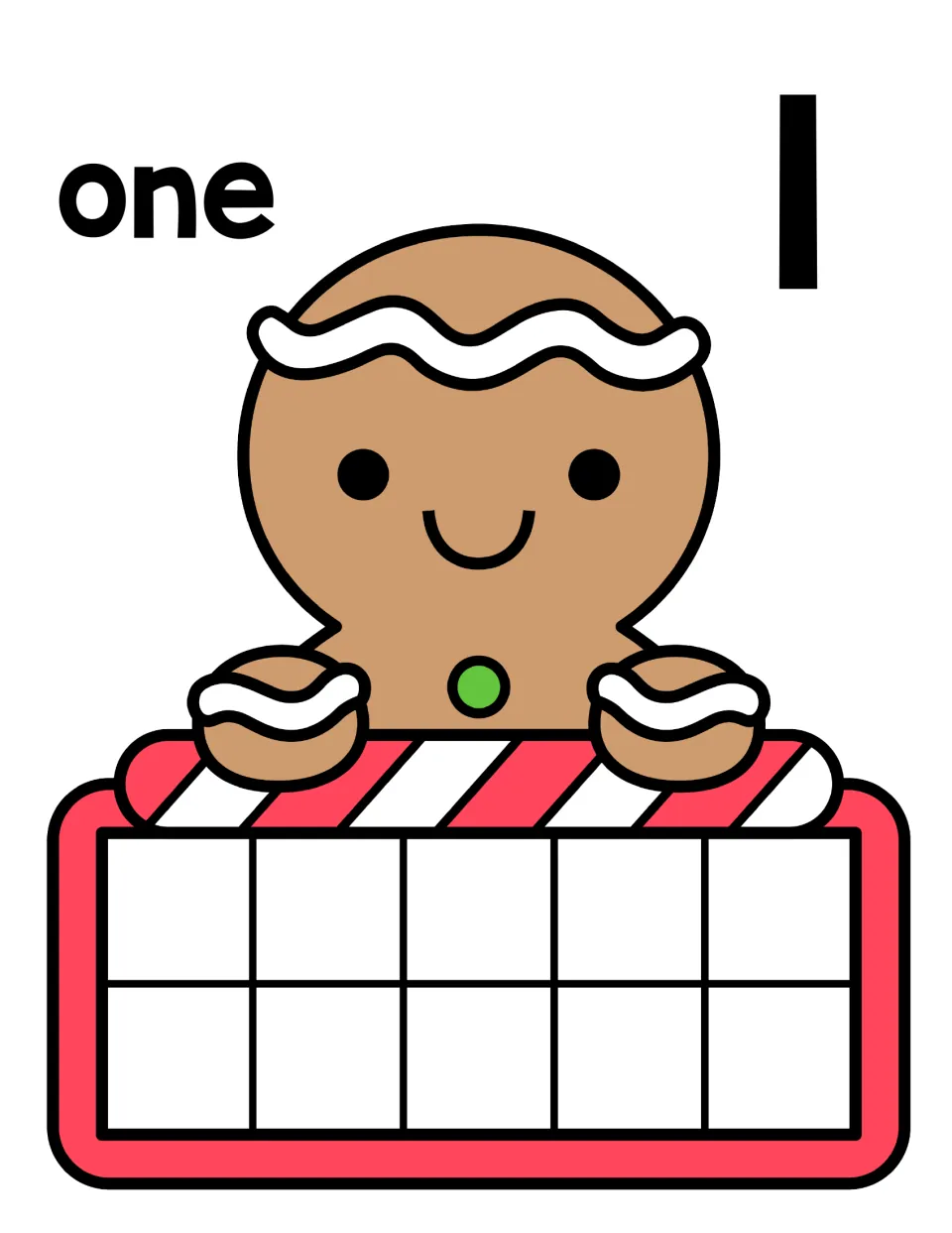 Number 1 counting mat: the word one and numeral 1 above a smiling gingerbread man holding an empty ten frame to fill