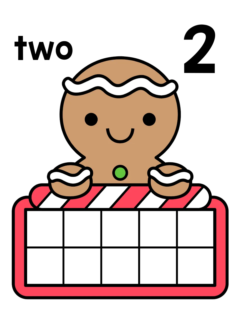 Number 2 counting mat: the word two and numeral 2 with a gingerbread man and an empty ten frame for showing two counters