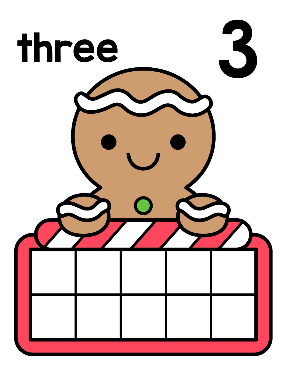 Number 3 counting mat: the word three and numeral 3 over a gingerbread man and blank ten frame for counting three objects