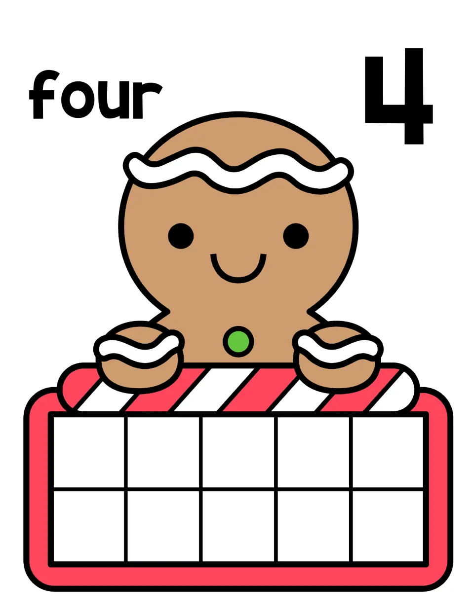 Number 4 counting mat: the word four and numeral 4 by a gingerbread man with an empty ten frame for placing four counters