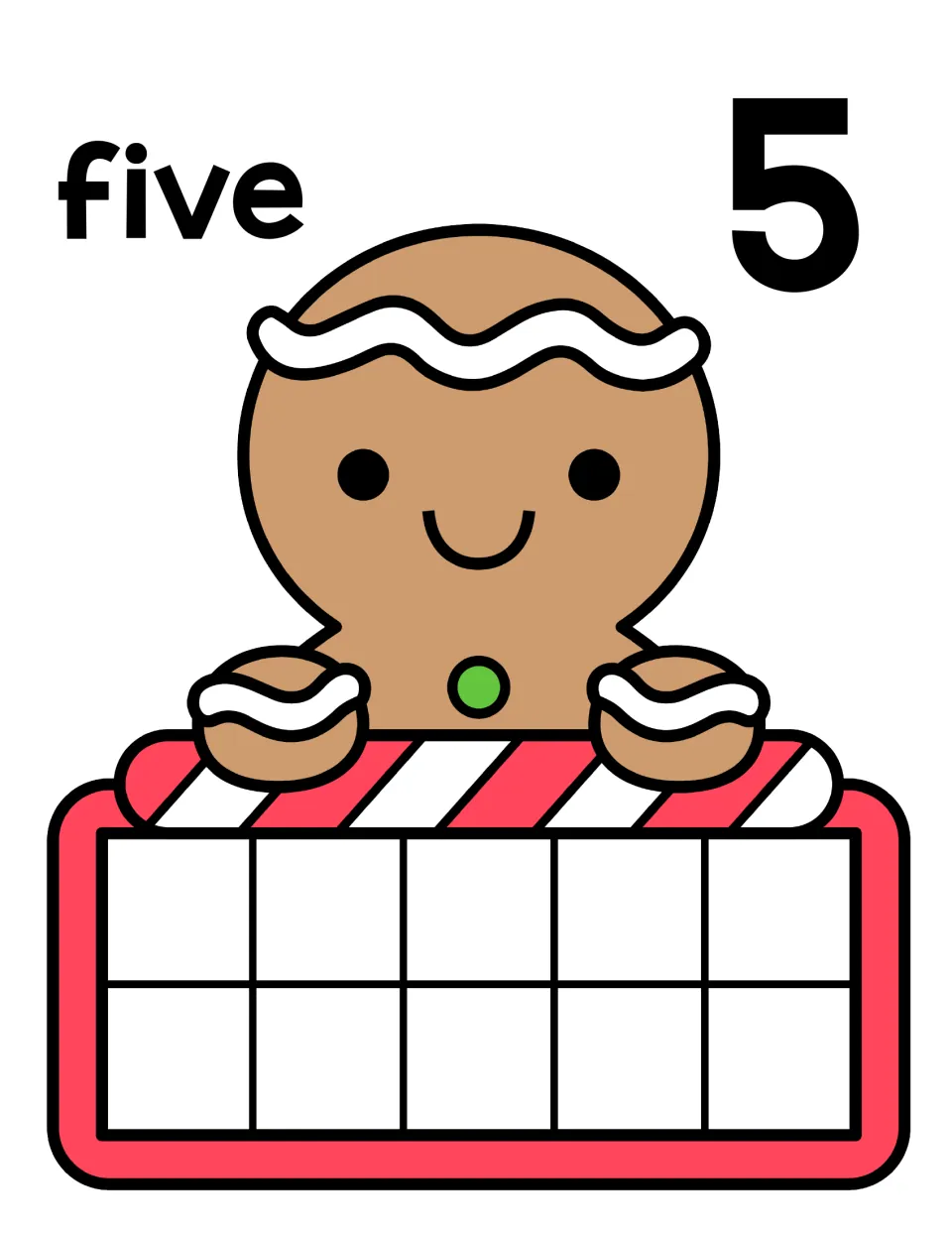 Number 5 counting mat: the word five and numeral 5 with a gingerbread man and empty ten frame for showing five counters