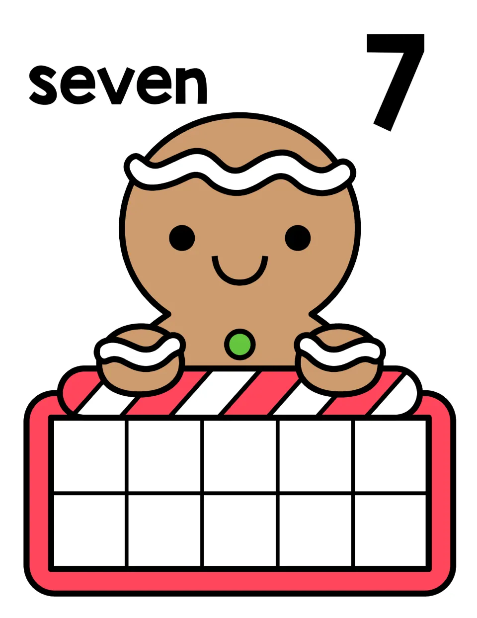Number 7 counting mat: the word seven and numeral 7 with a gingerbread man and blank ten frame for counting seven objects
