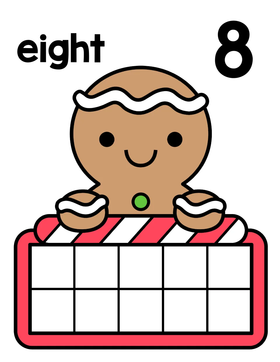 Number 8 counting mat: the word eight and numeral 8 above a gingerbread man and empty ten frame for building eight