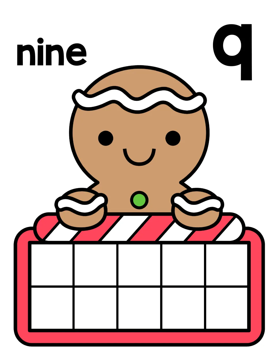 Number 9 counting mat: the word nine and numeral 9 with a gingerbread man and ten frame for showing nine, one space empty