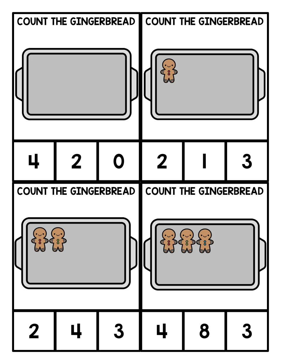 Count the gingerbread clip cards for 0 to 3: students count cookies on a baking tray and clip the matching numeral