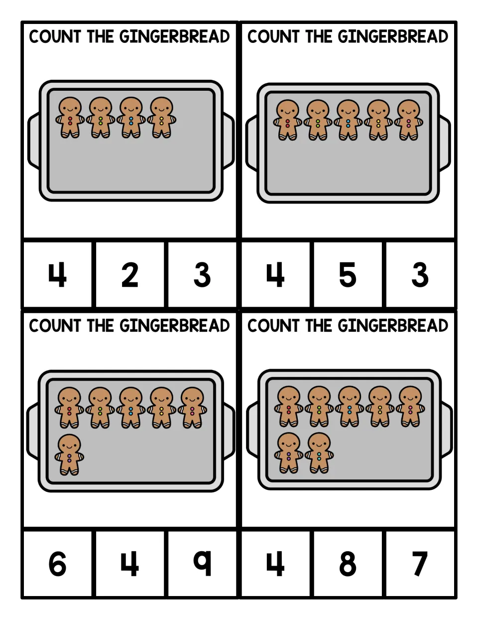 Counting 4 to 7: students count gingerbread cookies on each baking tray and clip the correct number from three choices