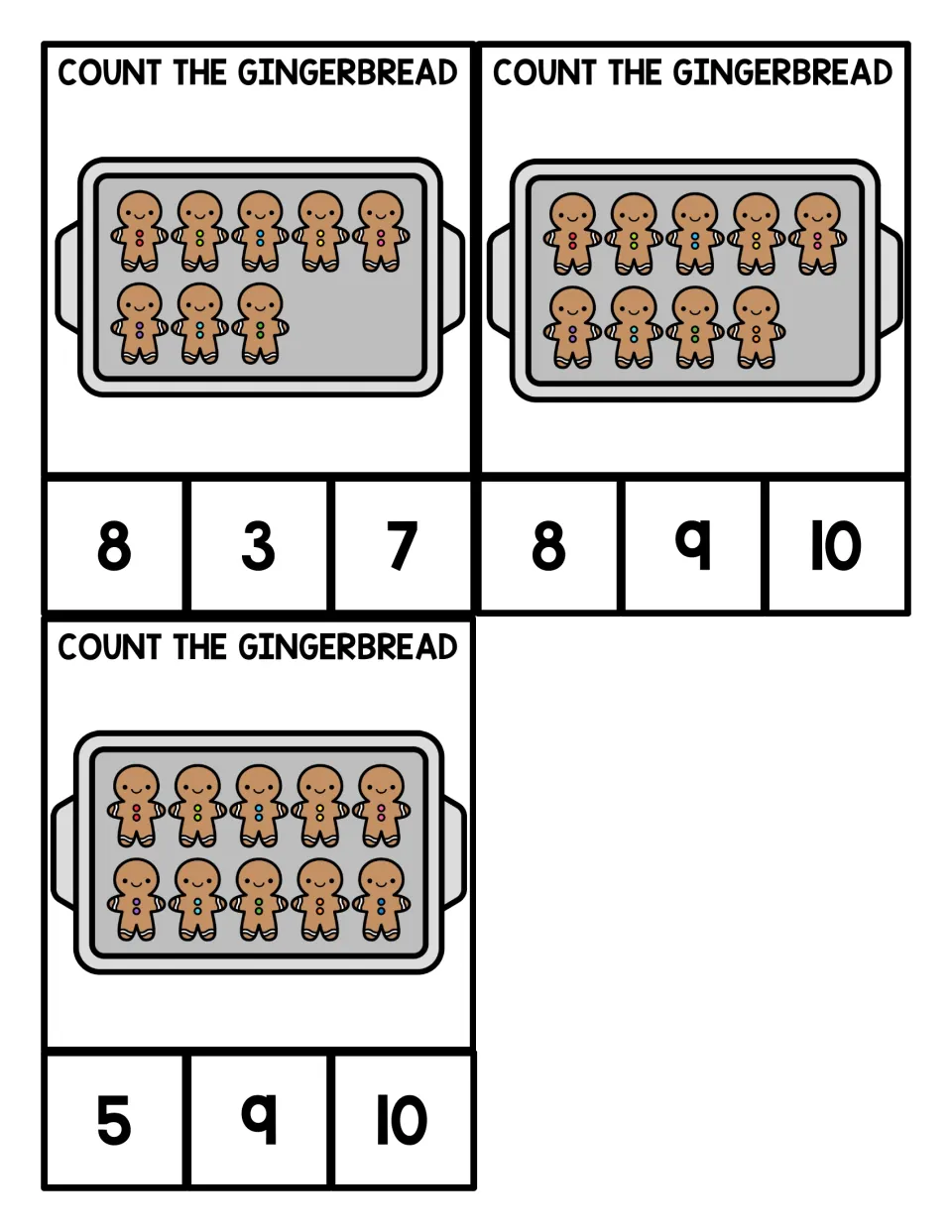 Counting 8 to 10: students count two rows of gingerbread cookies on a tray and clip 8, 9 or 10 among three numerals
