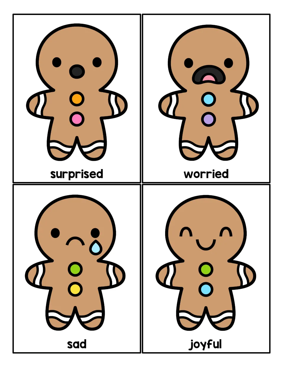Feelings cards: four gingerbread men show surprised, worried, sad and joyful faces, each labeled, for naming emotions